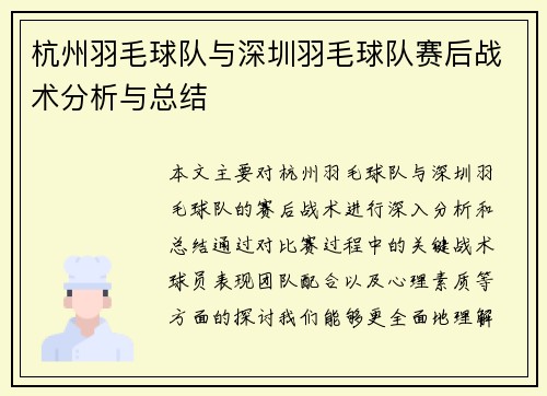 杭州羽毛球队与深圳羽毛球队赛后战术分析与总结